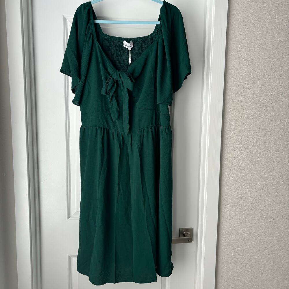 Hunter Green Tie Front Midi Dress Smocked Back KimCurvy Size 24W